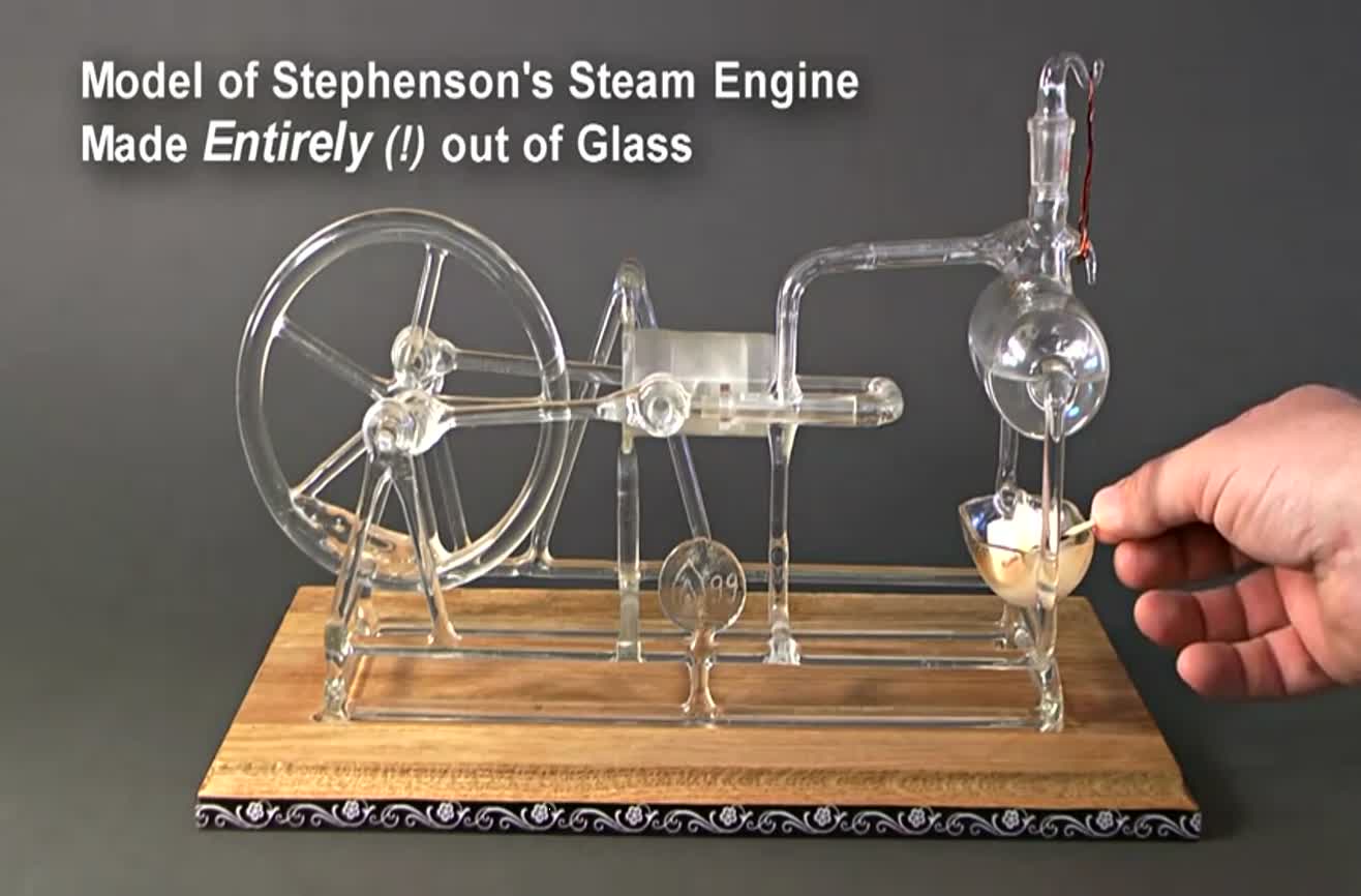 Working model of Stephenson's steam engine made of glass.