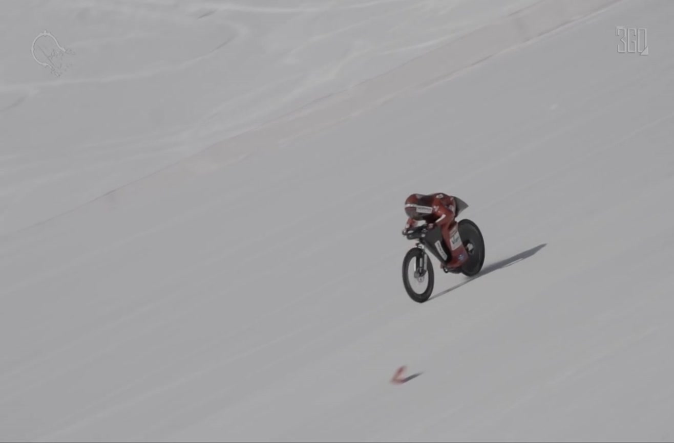 Witness the setting of a world record for bike speed on snow.