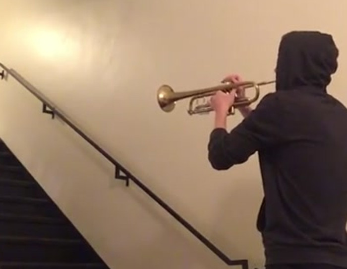 "The Force Theme" from Star Wars played in a stairwell with awesome reverb.