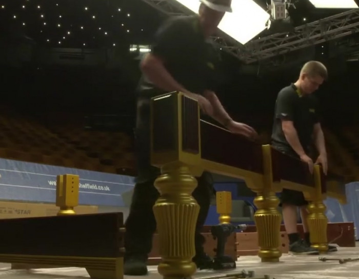 Snooker table assembling at the 2017 World Snooker Championship.