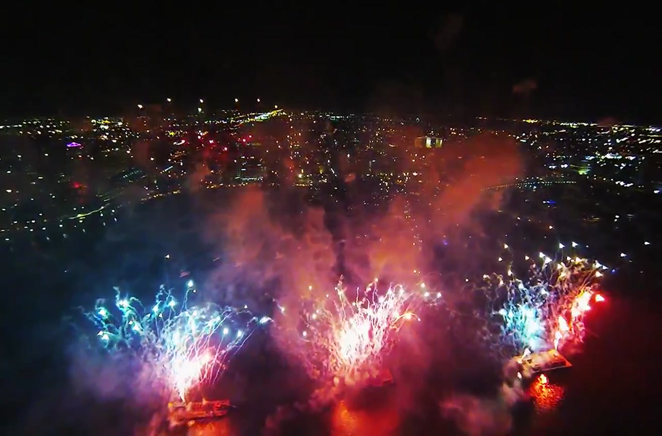 This is what fireworks look like when a drone flies through them.