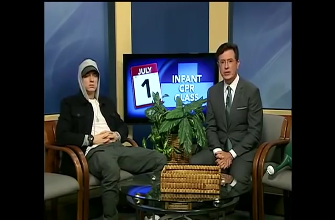 Stephen Colbert Eminem Interview Behind The Scenes Stephen Colbert interviews Eminem on a public access cable TV show.