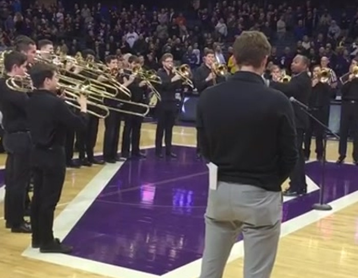 Trombone choir performs the national anthem.