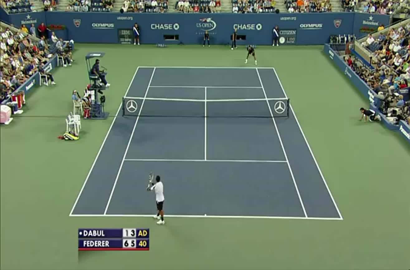 Tennis Federer's between the legs trick shot.
