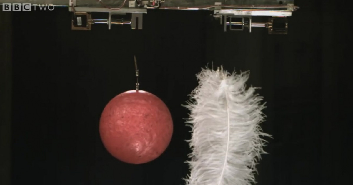 Galileo's theory that a feather and a cannon ball will fall at the same