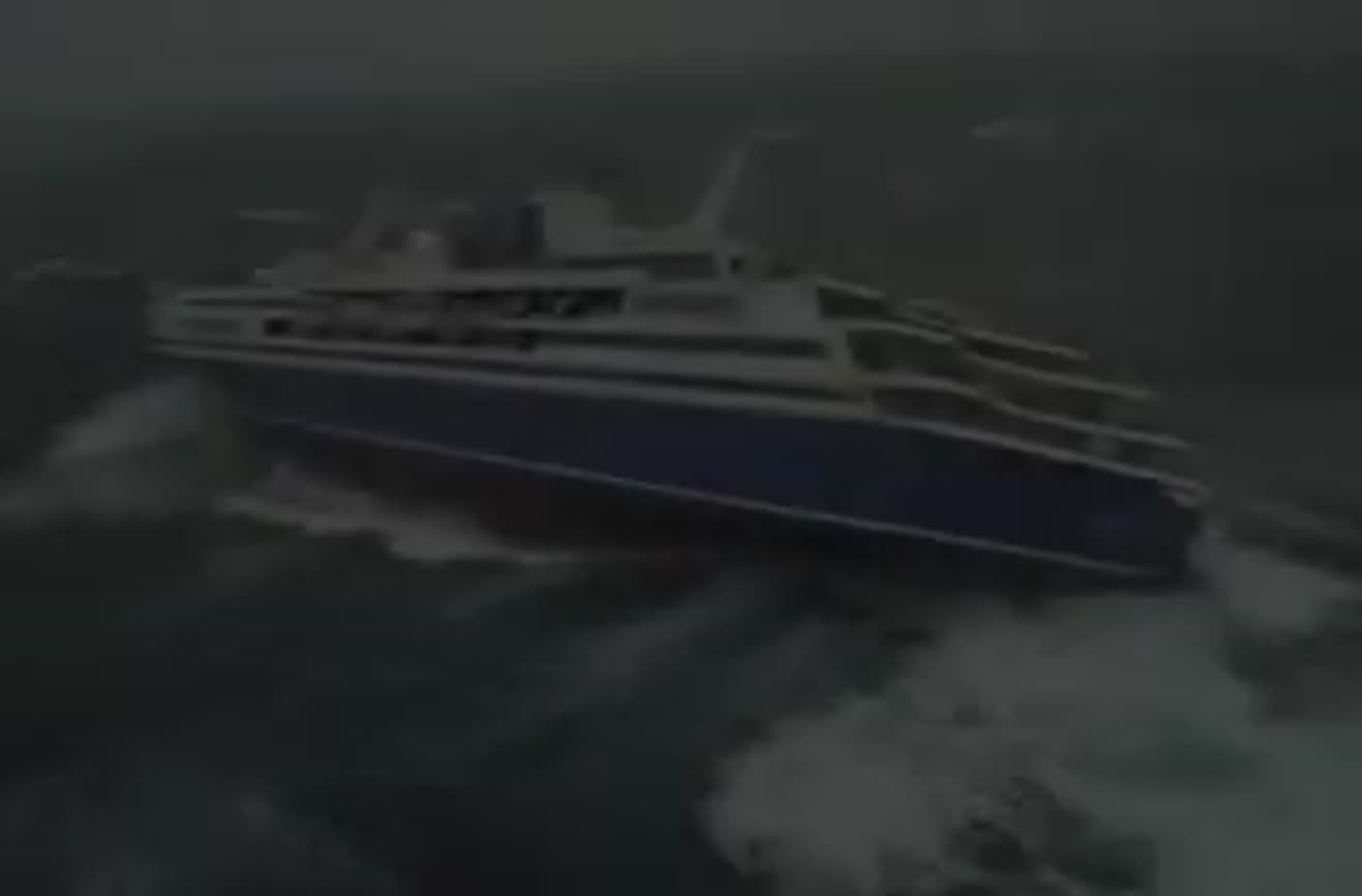 Cruise ship in extremely rough sea.