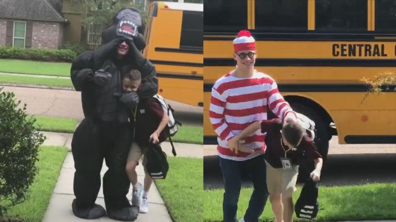 Older brother hilariously meeting younger bro in costume every day.
