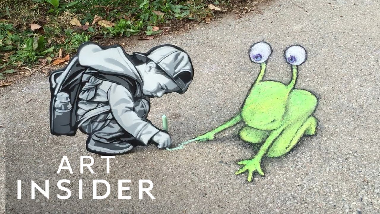 Artist's chalk sidewalk drawings alters perception