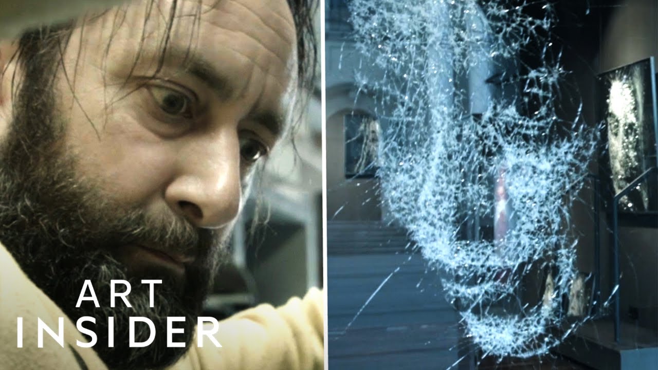 Artist creates portraits by smashing glass with a hammer
