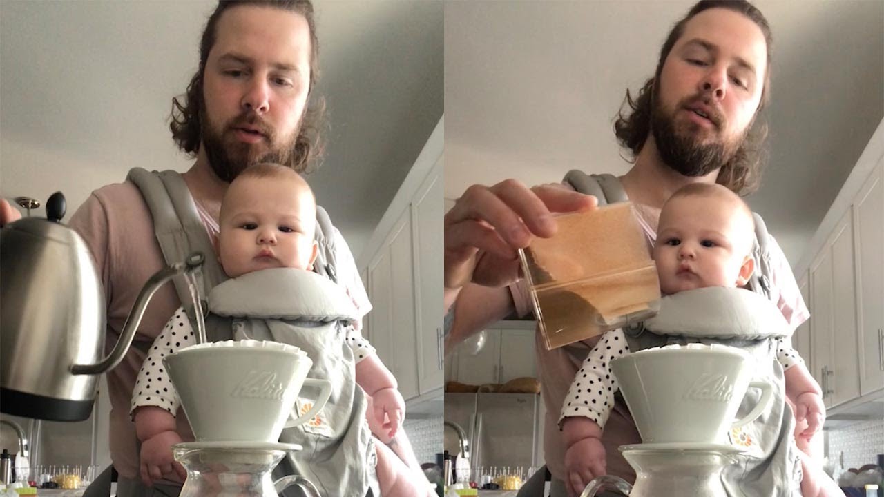 Dad teaches baby how to make coffee