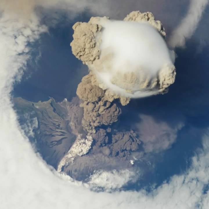 Volcano eruption as seen from space.