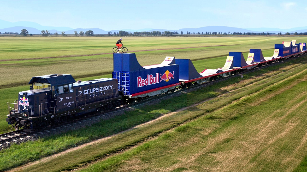 View of World's first bike ride on moving train.